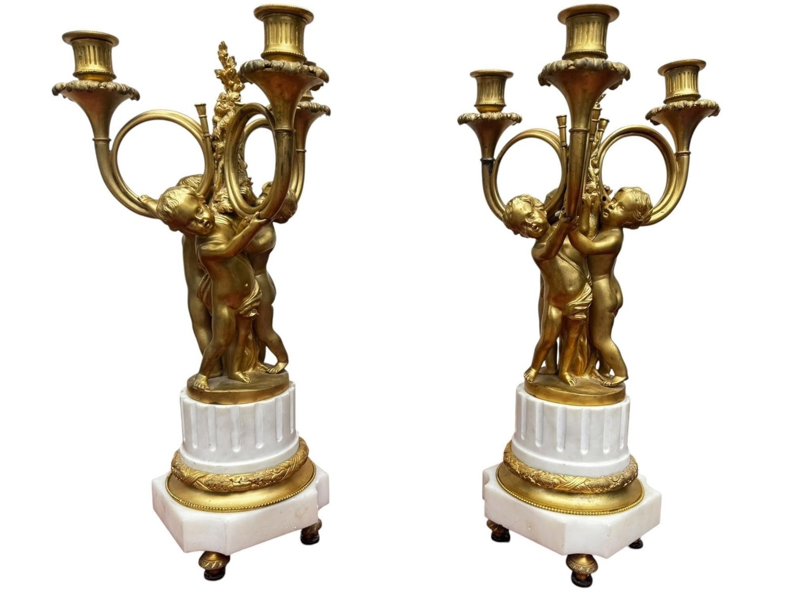 Louis XVI Dore Bronze Marble Cherub Candelabras (1 of 9)