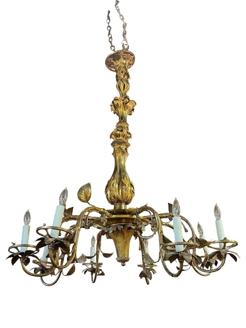 19th c. Italian Gilt Brass Chandelier: This lot is located in Dallas, TX with 8 arms. Electrified. 45h x 35w. Good Condition - May have age appropriate wear consistent with use such as marks on the finish, scratches, scuffs etc. Please rev