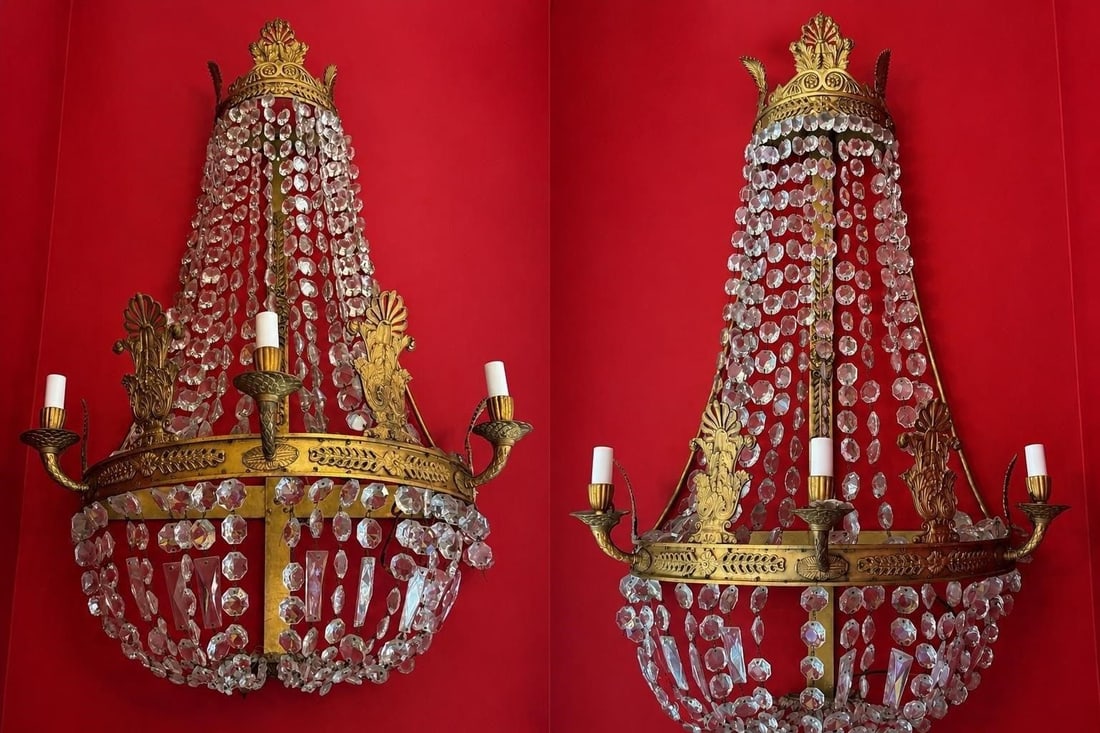 Pair French Empire Bronze Crystal Sconces (1 of 10)