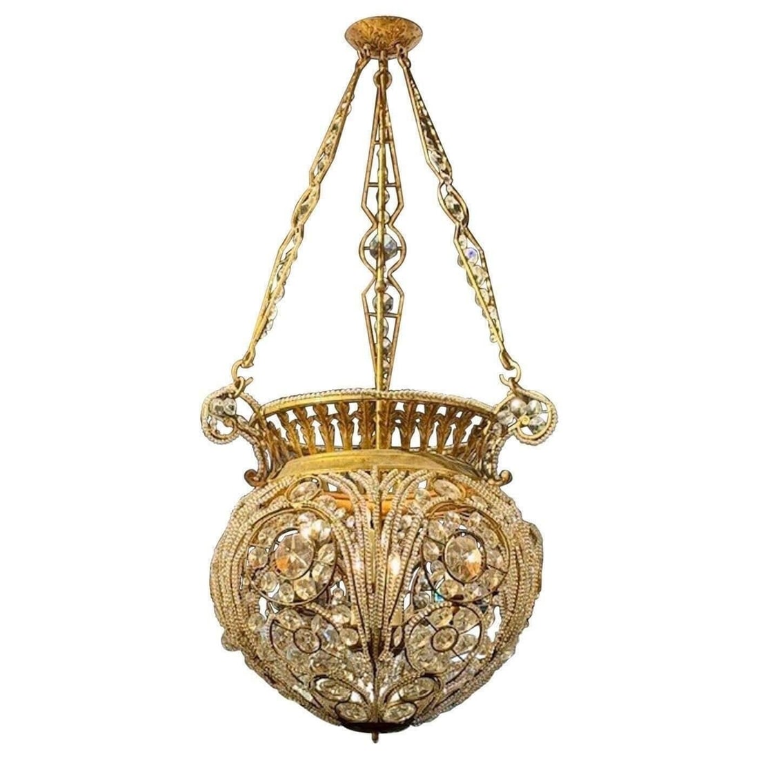 Large Vintage Jansen Manner Basket Fixture: This lot is located in Dallas, TX Gilt metal and crystal. Recently re-wired. 28w x 54h. Mid-20th c. May have age appropriate wear with use such as marks in the finish, scratches, scuffs etc. Please re