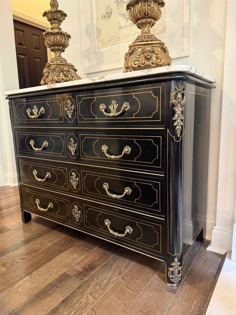 French Style Black Lacquered Marble Top Commode (1 of 6)
