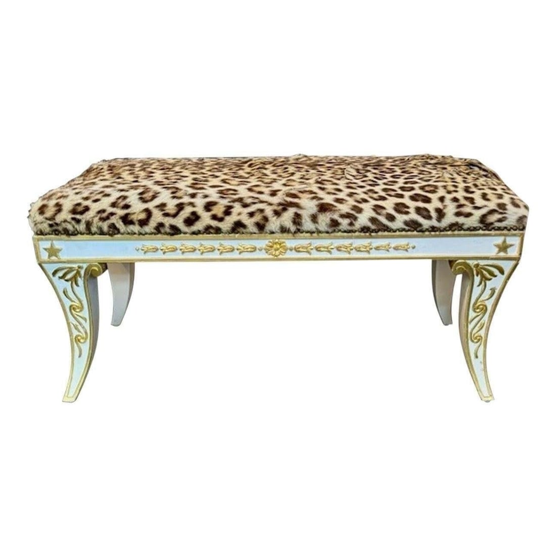 Italian Neo-classical Leopard Bench: This lot is located in Dallas, TX Italian Neo-classical Leopard Bench. Carved and parcel gilt frame, upholstered in real leopard. Small tear present but lays flat (see pictures). 20th c. 39w x 18d x 2