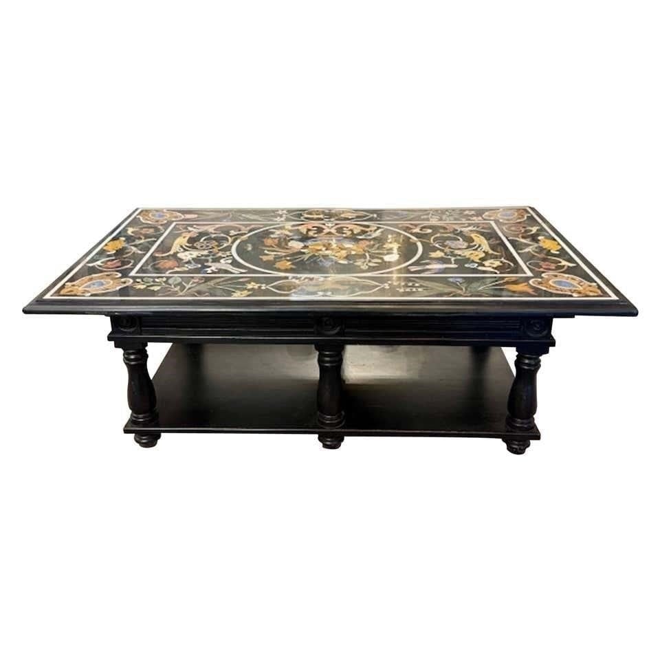 Italian Pietra Dura Marble Coffee Table: This lot is located in Dallas, TX On later painted wood base. Circa 1970. 60"L x 36"D x 21"H Good Condition - May have age appropriate wear consistent with use such as marks on the finish, scratches, 