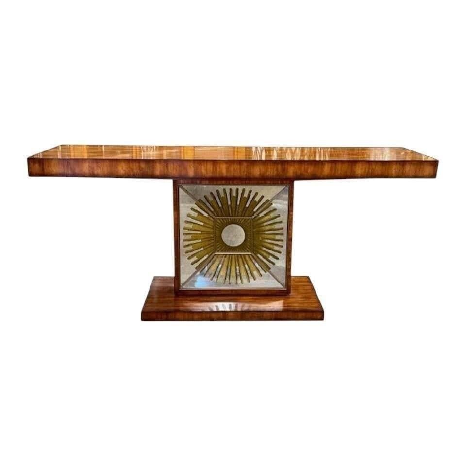 Eglomise Sunburst Mahogany Console: This lot is located in Dallas, TX 20th c. Theodore Alexander. 76l x 18d x 34h. Good Condition - May have age appropriate wear consistent with use such as marks on the finish, scratches, scuffs etc. Pl