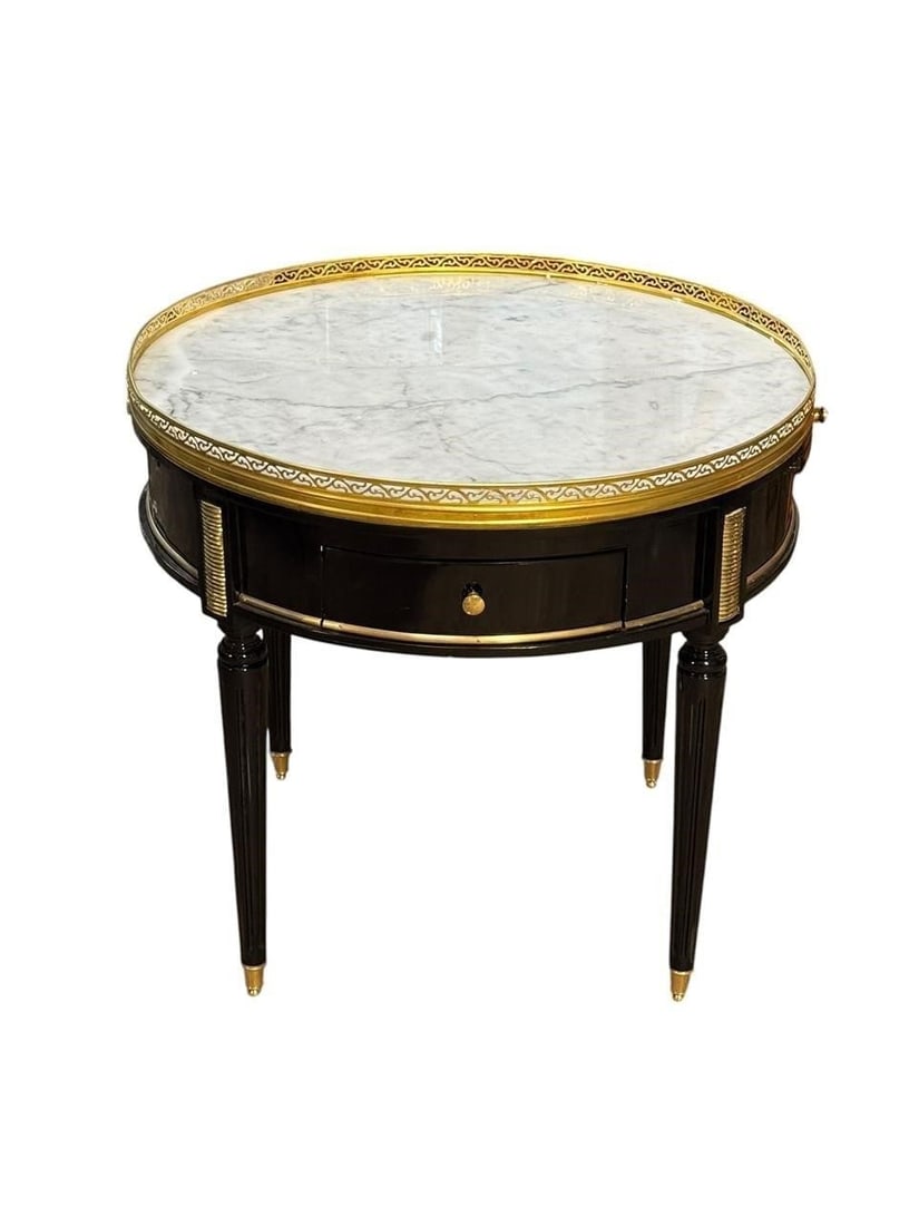 French Louis XVI Style Black Side Table: This lot is located in Dallas, TX Good Condition - May have age appropriate wear consistent with use such as marks on the finish, scratches, scuffs etc. Please review photos carefully and ask question