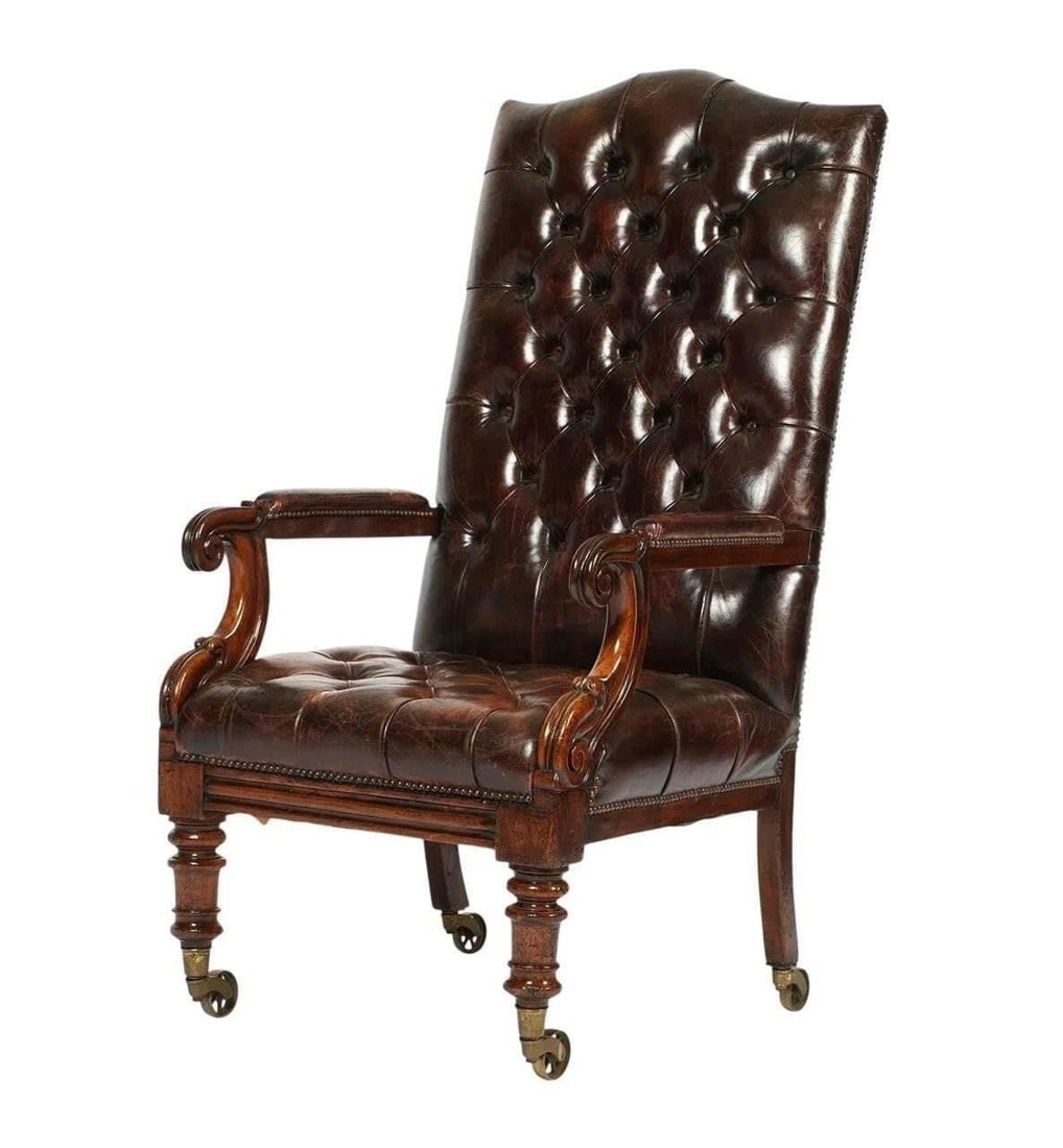 19th c. English Tufted Leather Arm Chair: This lot is located in Dallas, TX May have age appropriate wear with use such as marks in the finish, scratches, scuffs etc. Please review photos carefully and ask questions prior to bidding.Tufted an