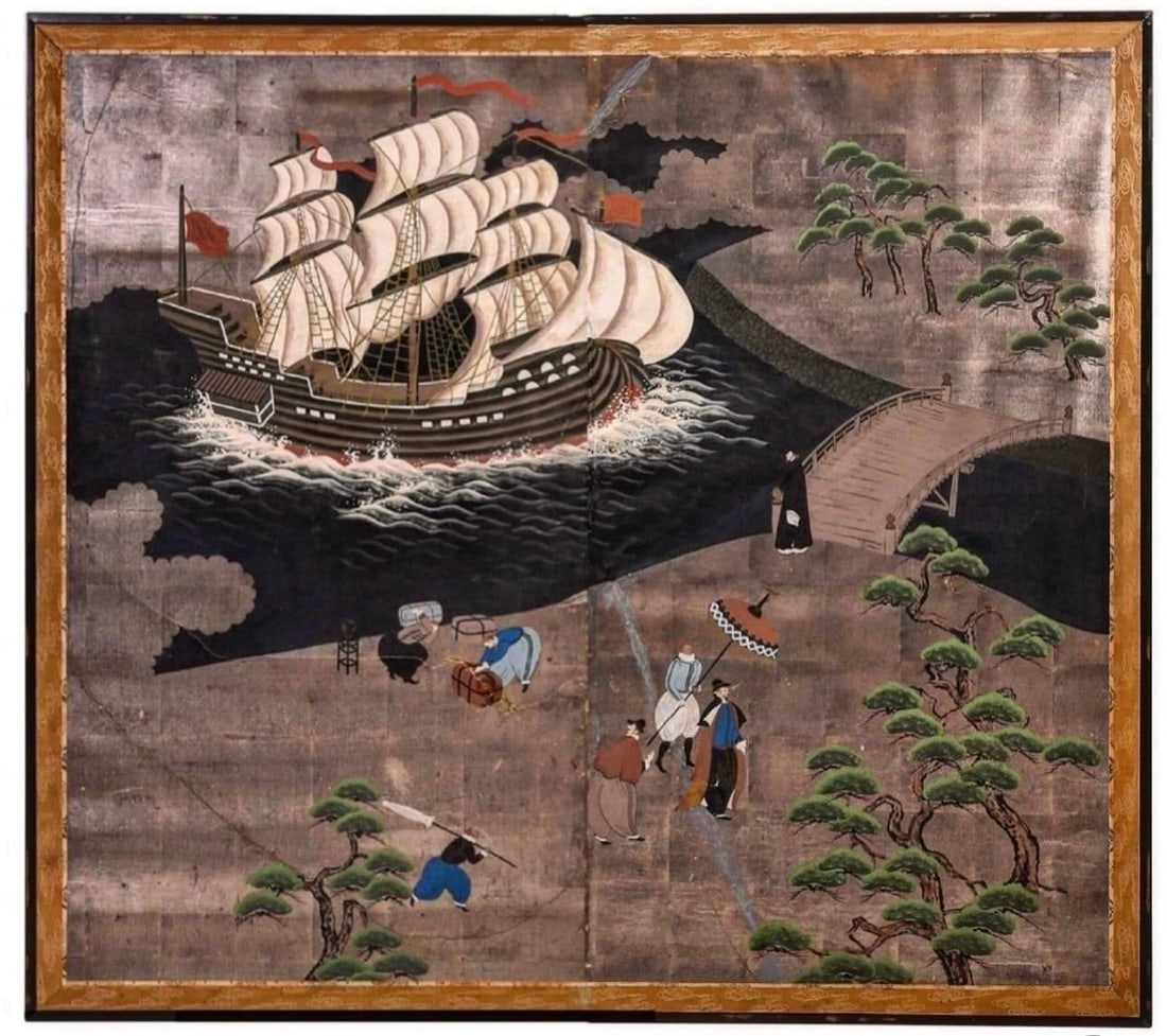 Nanban School Meiji Byobu Screen 19th century: Nanban School screen depicting European traders arriving at the port of Nagasaki. The composition illustrates the cultural exchange between Japan and the Portuguese during the Nanban trade period, fea