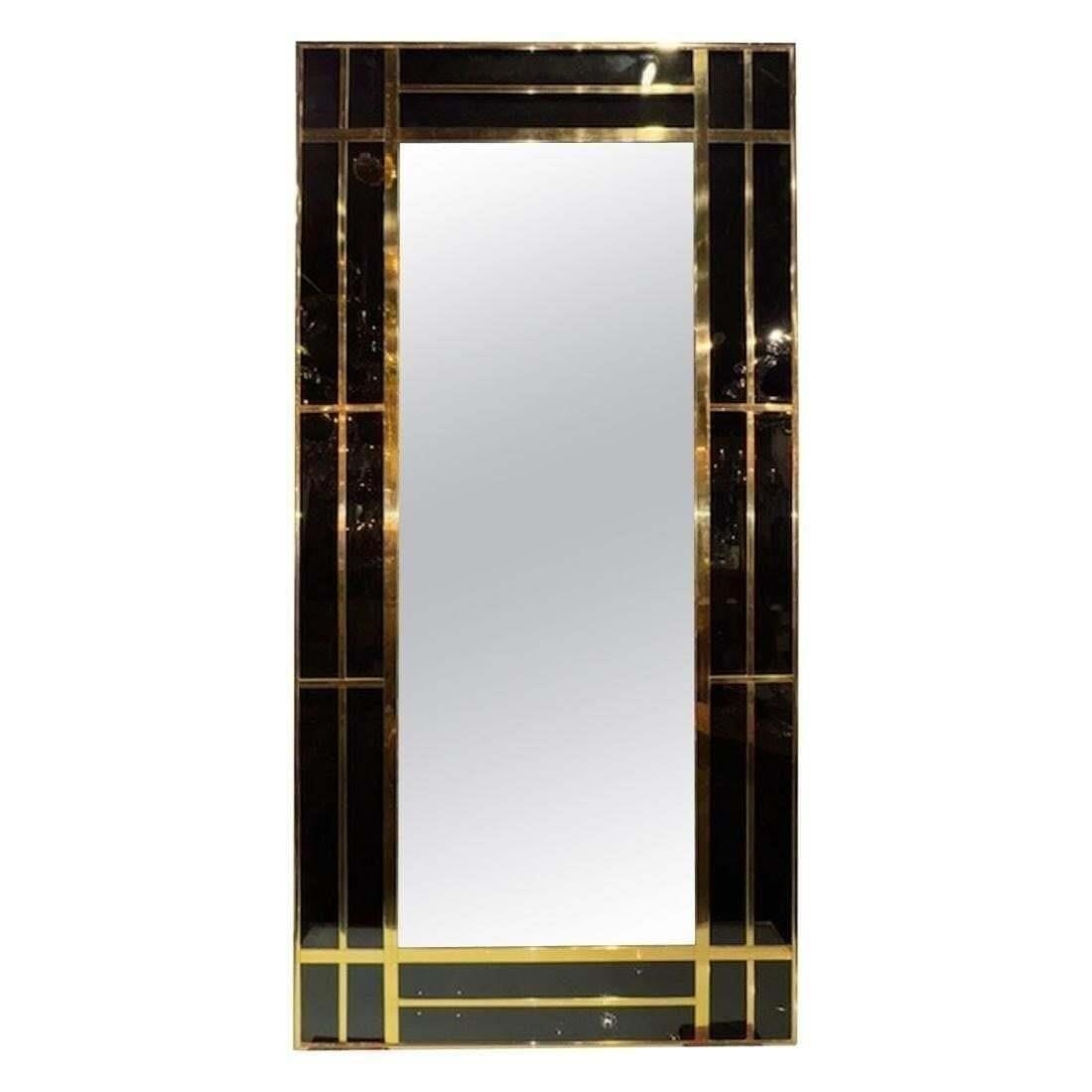 Italian Modern Black Glass and Brass Mirror: This lot is located in Dallas, TX May have age appropriate wear with use such as marks in the finish, scratches, scuffs etc. Please review photos carefully and ask questions prior to bidding.Italian M