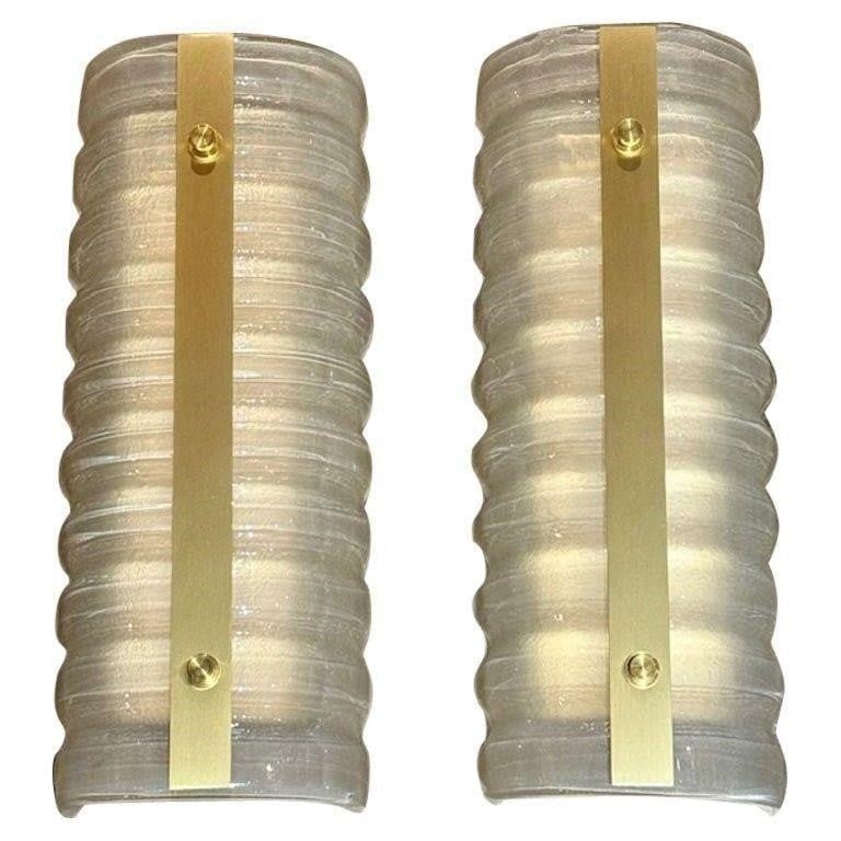Pair of Murano Glass and Brass Barrel Sconces: This lot is located in Dallas, TX May have age appropriate wear consistent with use such as marks on the finish, scratches, scuffs etc. Please review photos carefully and ask questions prior to biddin