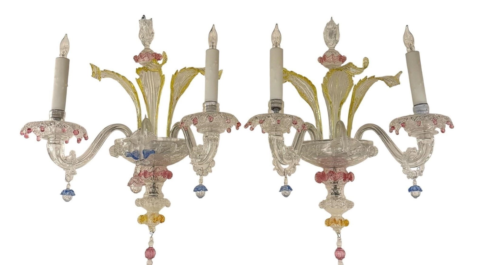 Pair of Venetian Glass Sconces: This lot is located in Dallas, TX One damaged leaf. May have age appropriate wear consistent with use such as marks on the finish, scratches, scuffs etc. Please review photos carefully and ask