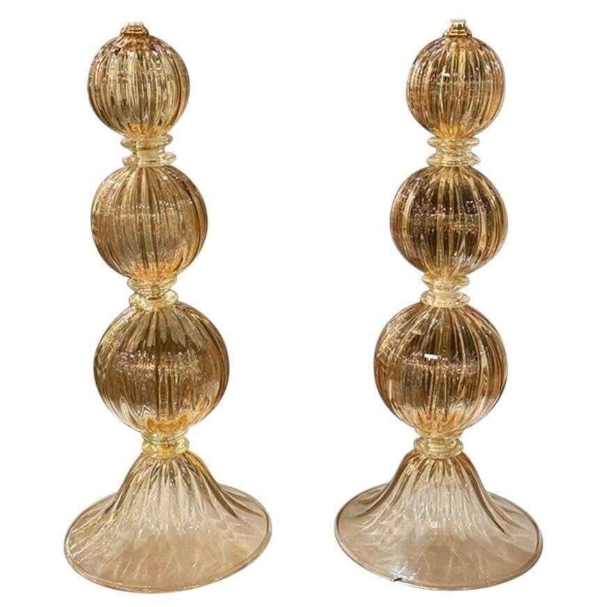 Pair of Large Scale Murano Peach Glass Lamps: This lot is located in Dallas, TX May have age appropriate wear consistent with use such as marks on the finish, scratches, scuffs etc. Please review photos carefully and ask questions prior to
