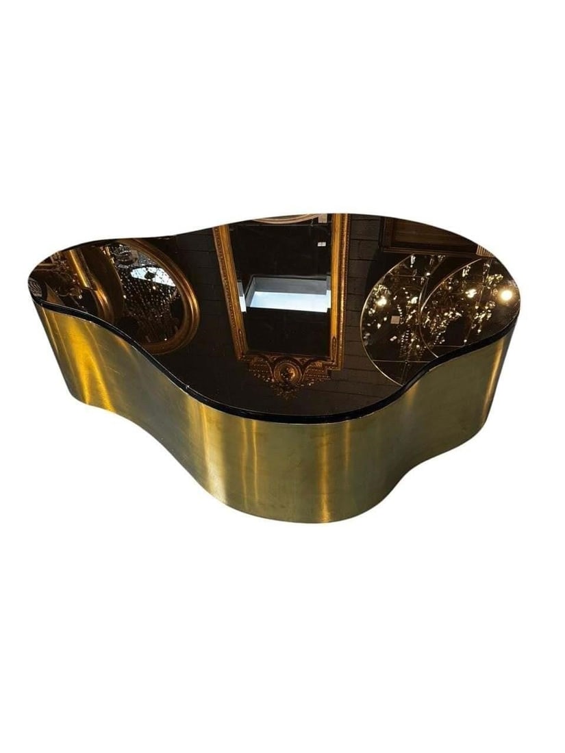 Modern Free Form Brass and Black Glass Low Table: This lot is located in Dallas, TX May have age appropriate wear consistent with use such as marks on the finish, scratches, scuffs etc. Please review photos carefully and ask questions prior to biddin