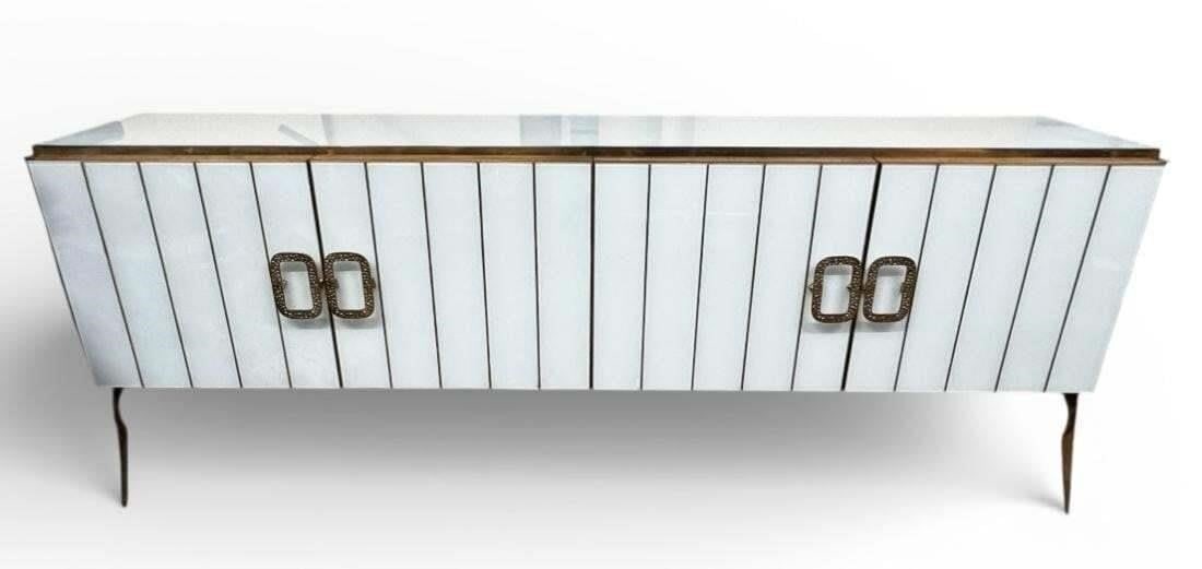Italian MCM Glass and Brass Sideboard: This lot is located in Dallas, TX May have age appropriate wear with use such as marks in the finish, scratches, scuffs etc. One glass panel replaced. Please review photos carefully and ask questions