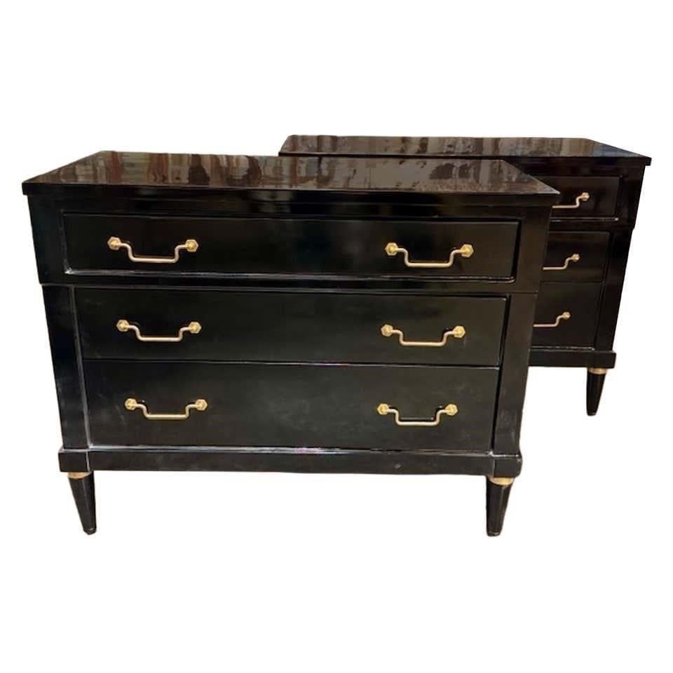 Pair of Directoire style Black Lacquered Commodes: This lot is located in Dallas, TX May have age appropriate wear consistent with use such as marks on the finish, scratches, scuffs etc. Please review photos carefully and ask questions prior to
