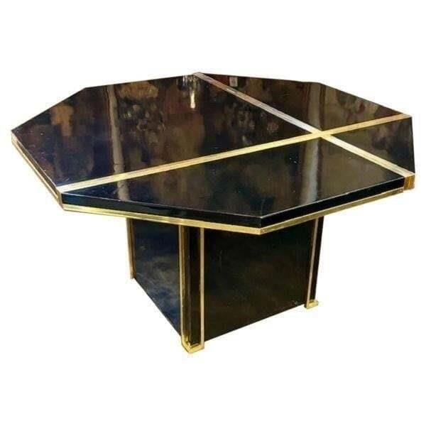 Jean Claude Mahey Black Lacquer and Brass Table: This lot is located in Dallas, TX Structurally sound, lacquer finish with areas of lifting, chips, abrasions, indentations, minor losses, and imperfections. Patination to metal elements. May have age