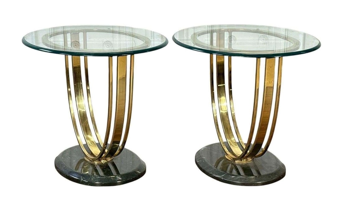 Pair Mid Century Modern Brass Side Tables: This lot is located in Dallas, TX May have age appropriate wear consistent with use such as marks on the finish, scratches, scuffs etc. Please review photos carefully and ask questions prior to biddin