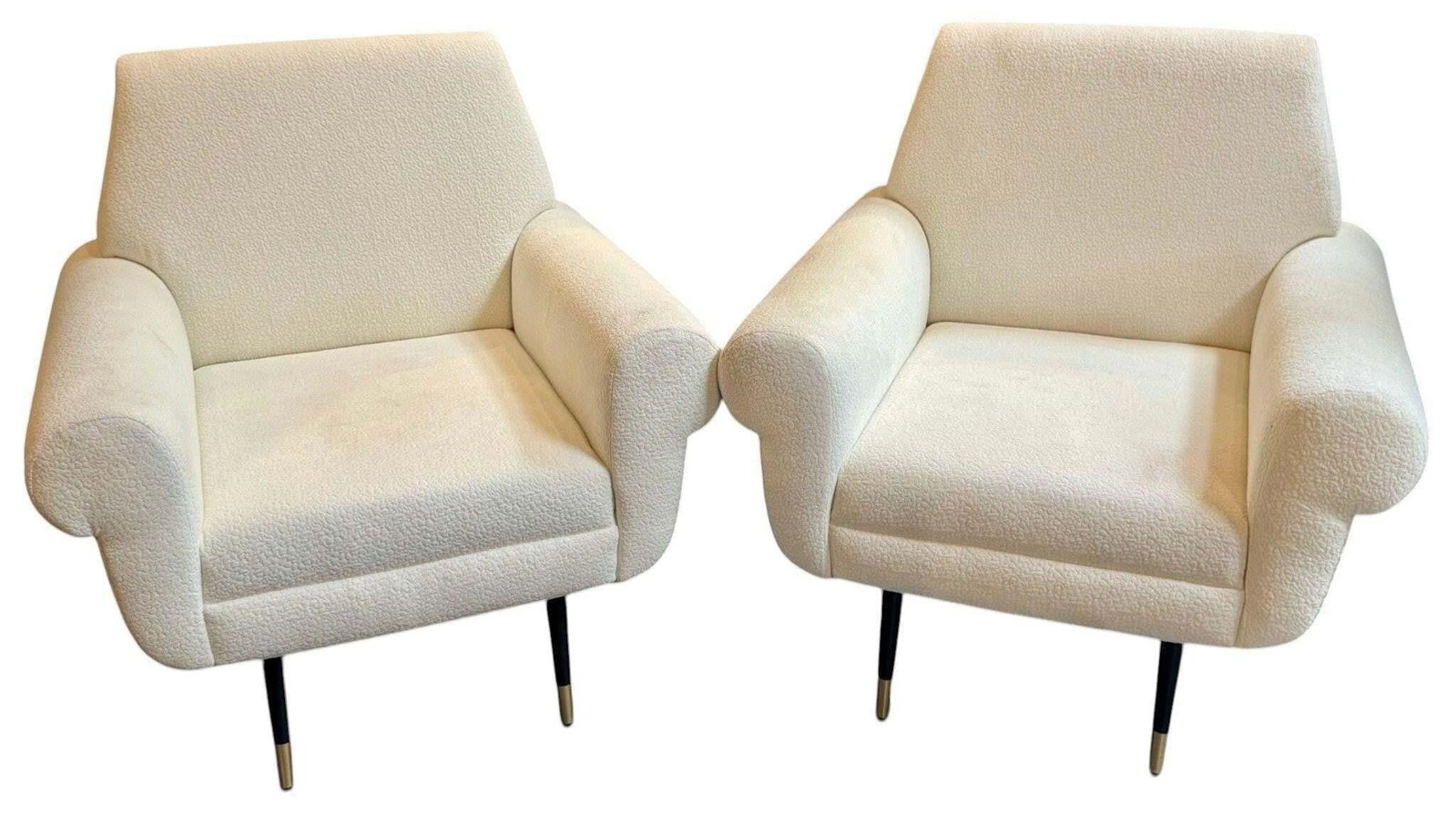 Pair of Italian MCM Roll Arm Club Chairs: This lot is located in Dallas, TX Upholstery slightly dirty but not stained. Suggest light cleaning to restore. May have age appropriate wear consistent with use such as marks on the finish, scratches
