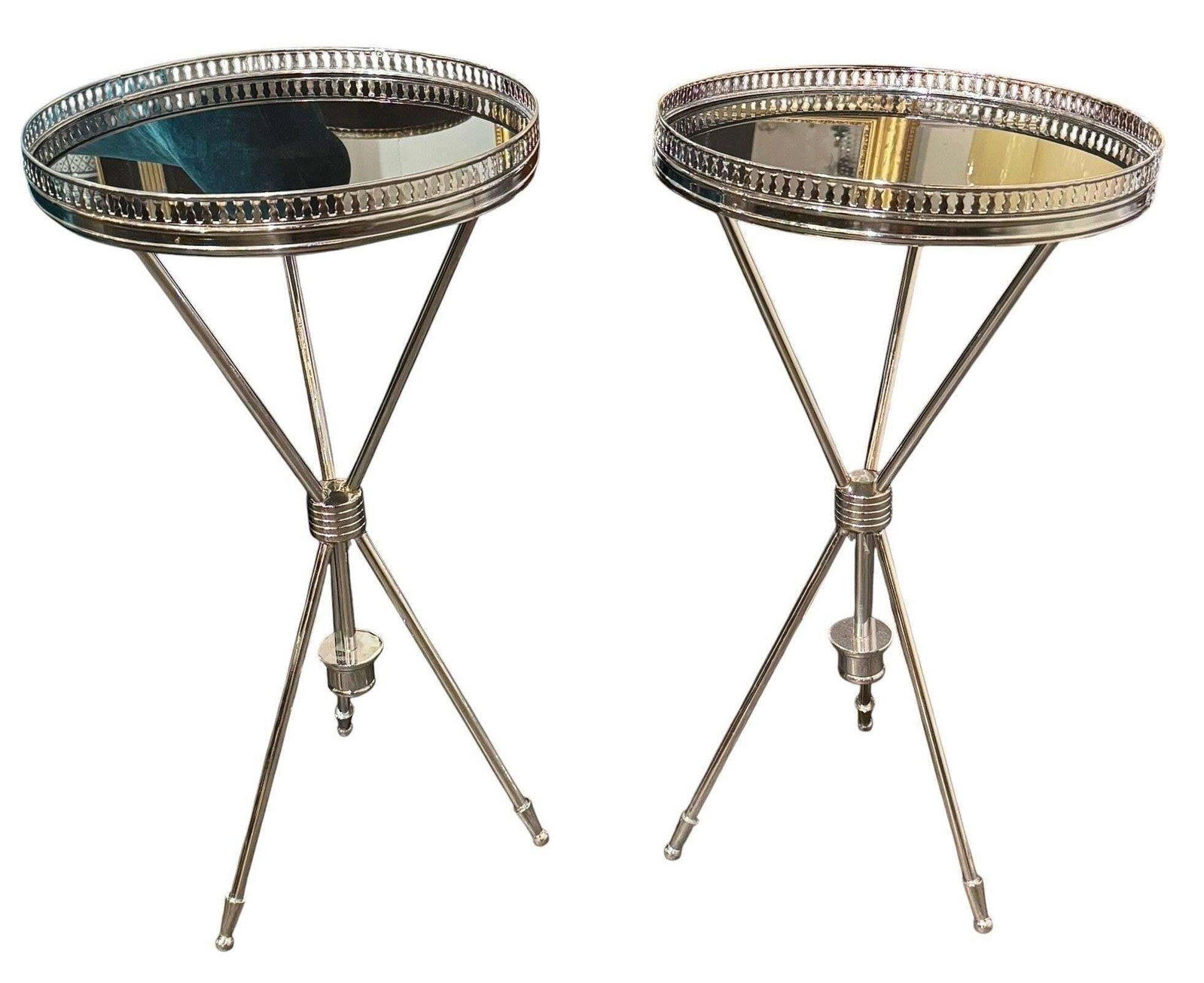 Good Pair of Jansen Manner Chrome Drink Tables: This lot is located in Dallas, TX May have age appropriate wear consistent with use such as marks on the finish, scratches, scuffs etc. Please review photos carefully and ask questions prior to
