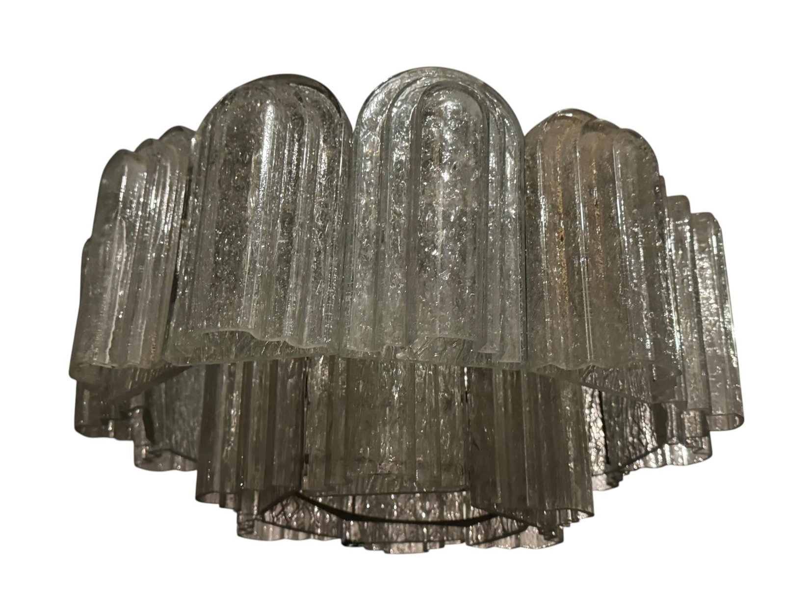 Doria Leuchten 1970s Deco Revival Chandelier: Deco Revival Murano glass chandelier by to Doria Leuchten, Italy, circa 1970s. Constructed with multiple tiers of textured clear glass elements arranged in a dramatic cascading form, creating a
