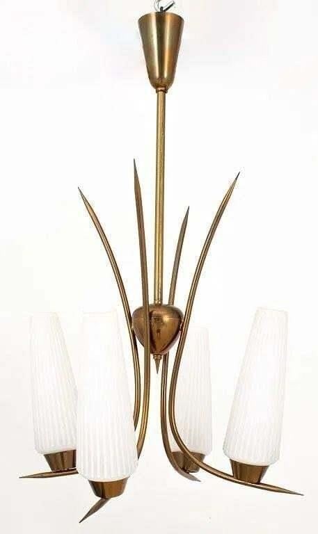 Mid-Century Modern Brass & Opaline Chandelier: This lot is located in Dallas, TX May have age appropriate wear consistent with use such as marks on the finish, scratches, scuffs etc. Please review photos carefully and ask questions prior to biddin