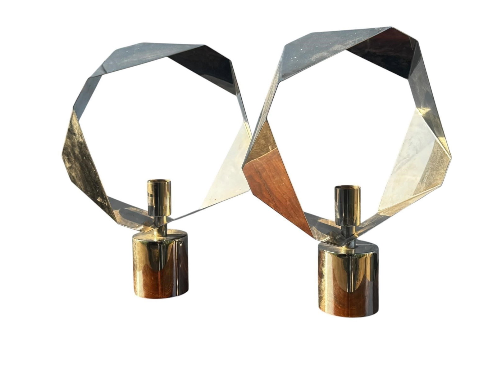 Vintage Chrome Space Age Style Table Lamps: Pair of Vintage Chrome Space Age Style Table Lamps. Sculptural chrome plated table lamps of highly architectural geometric form, featuring faceted polygonal ring bodies mounted over cylindrical plinth