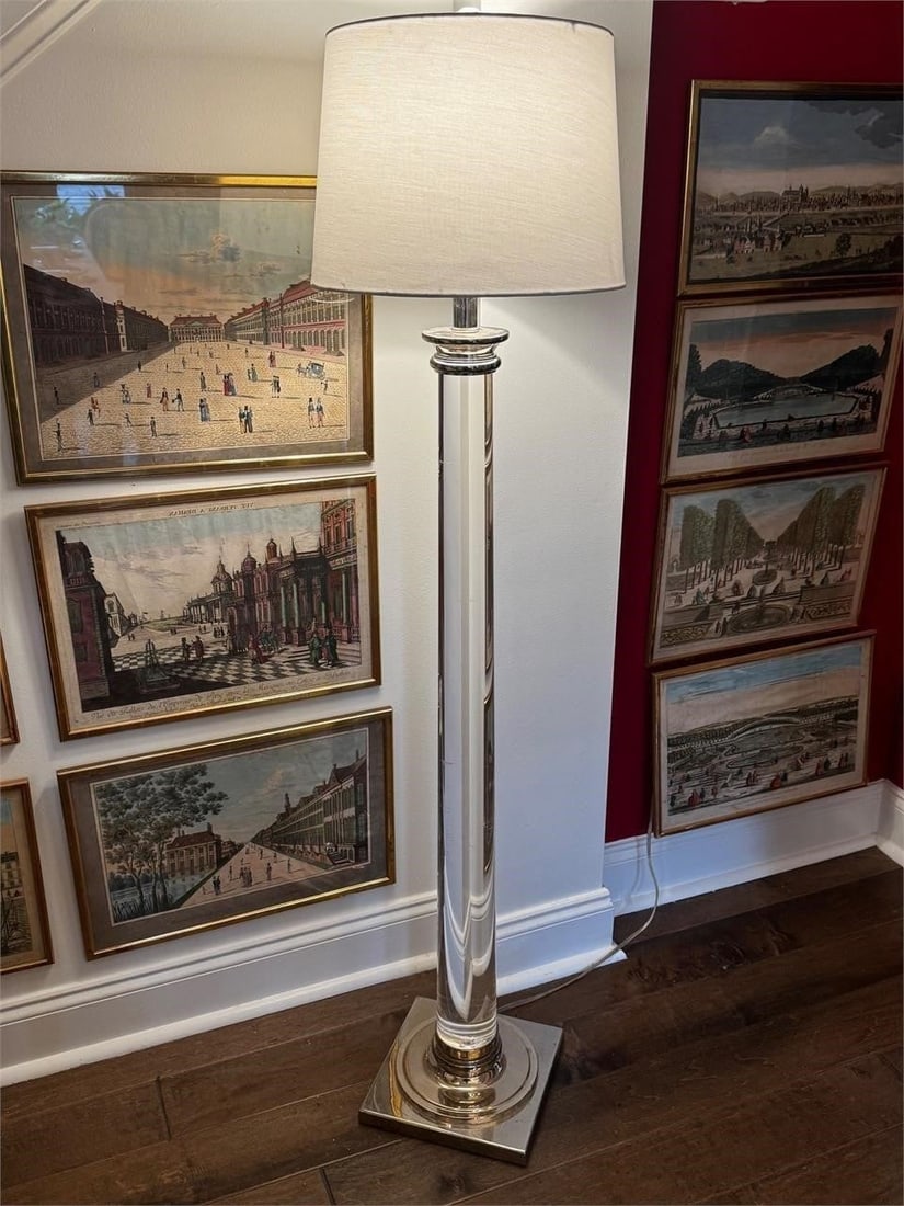 Restoration Hardware Lucite Column Floor Lamp: Large modern floor lamp by Restoration Hardware featuring a substantial thick cylindrical lucite column rising from a square polished metal base with matching metal collar and fittings. A clean archit