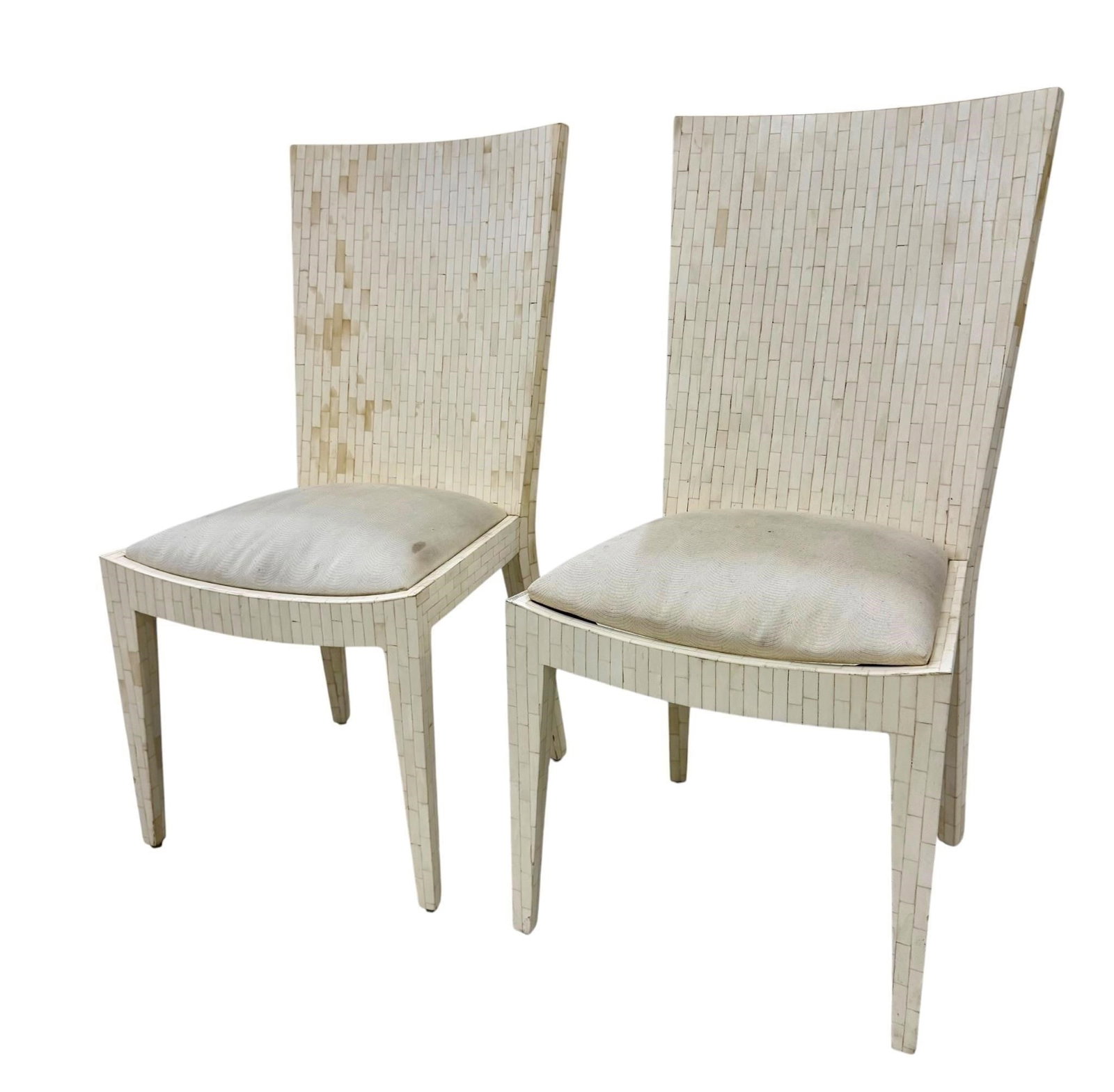 Enrique Garcel Jimeco Tessellated Bone Chair 1970s: Pair of Enrique Garcel for Jimeco Ltd. tessellated bone side chairs, dating to the 1970s/1980s. Each chair is meticulously clad in hand-laid tessellated bone with upholstered seats, showcasing the ref