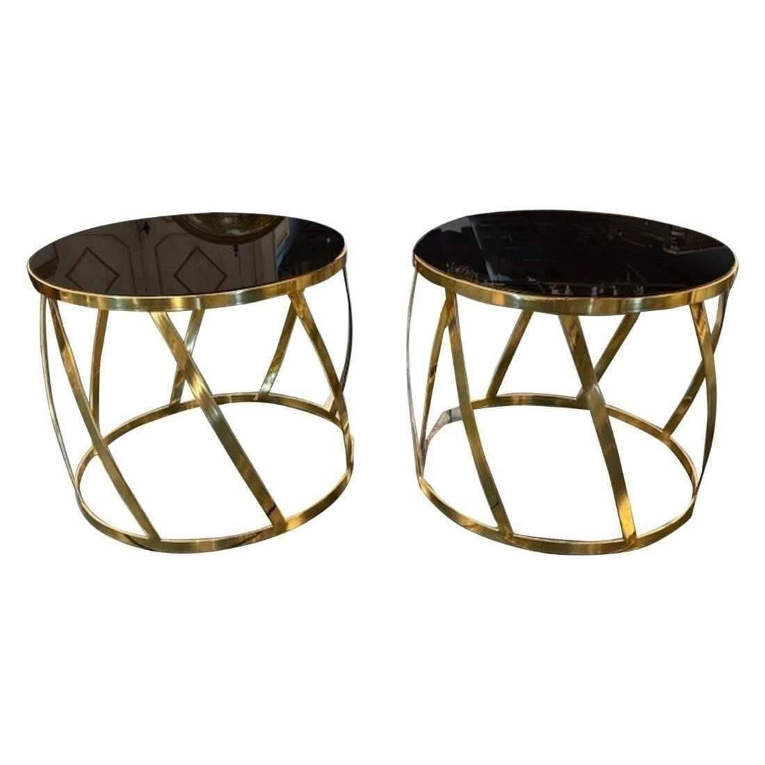 Pair of Italian Brass and Black Glass Tables: This lot is located in Dallas, TX May have age appropriate wear consistent with use such as marks on the finish, scratches, scuffs etc. Please review photos carefully and ask questions prior to biddin