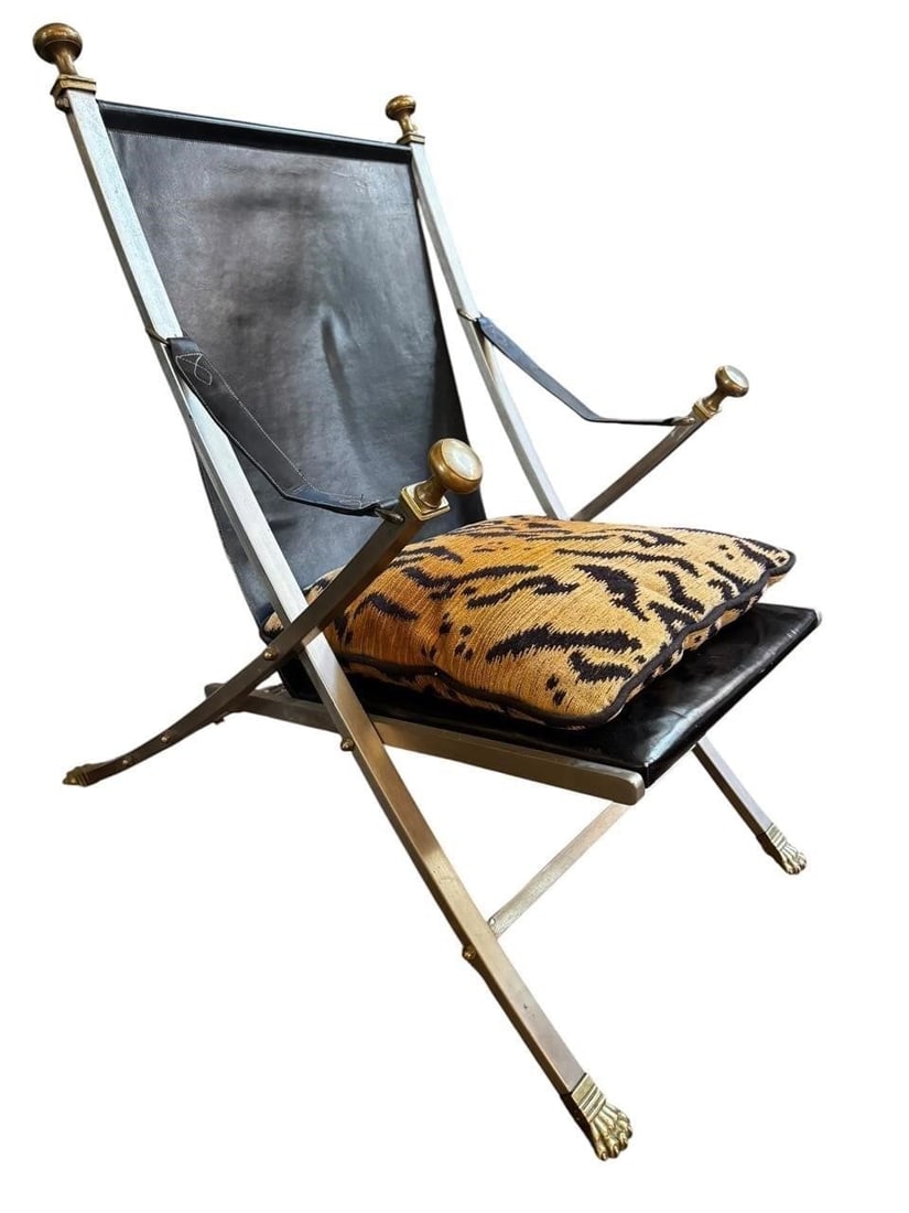 Maison Jansen Leather Brass Campaign Chair (1 of 8)