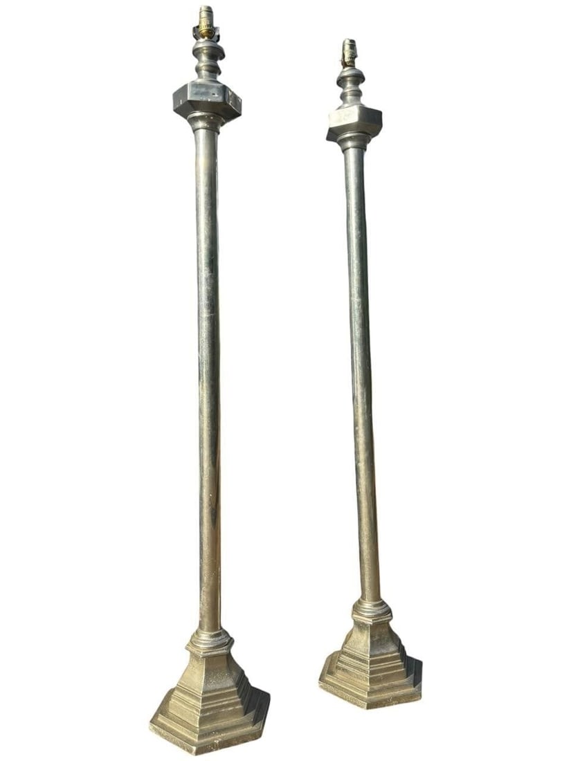 Large Vintage Nickel plated Floor Lamps: Pair of large vintage floor lamps featuring elegant nickel-plated standards rising from stepped square bases with neoclassical influence. The clean architectural form and understated design make them 