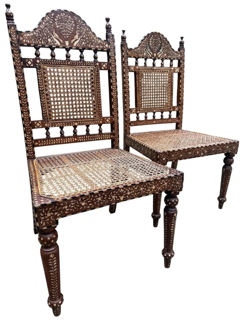 Pair Anglo Indian Bone Inlay Teak Chairs (1 of 7)