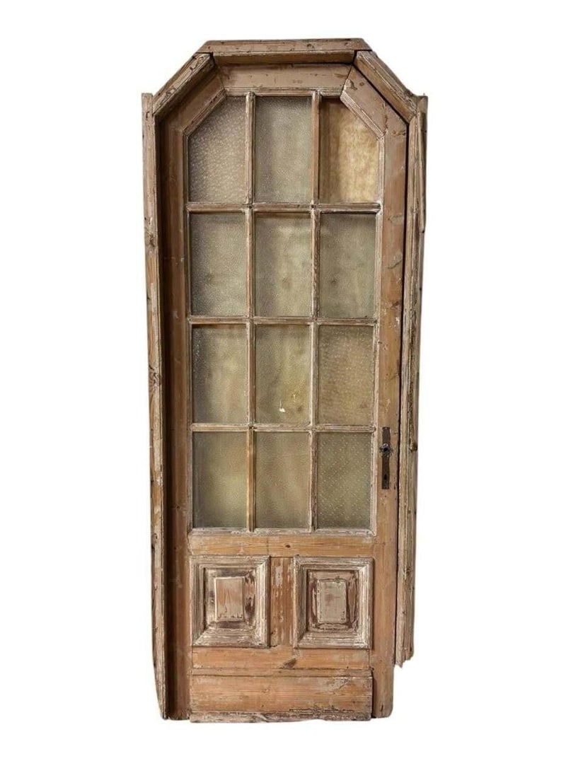 19th c. European Stripped Pine Door: This lot is located in Dallas, TX missing one glass pane. May have age appropriate wear consistent with use such as marks on the finish, scratches, scuffs etc. Please review photos carefully and ask