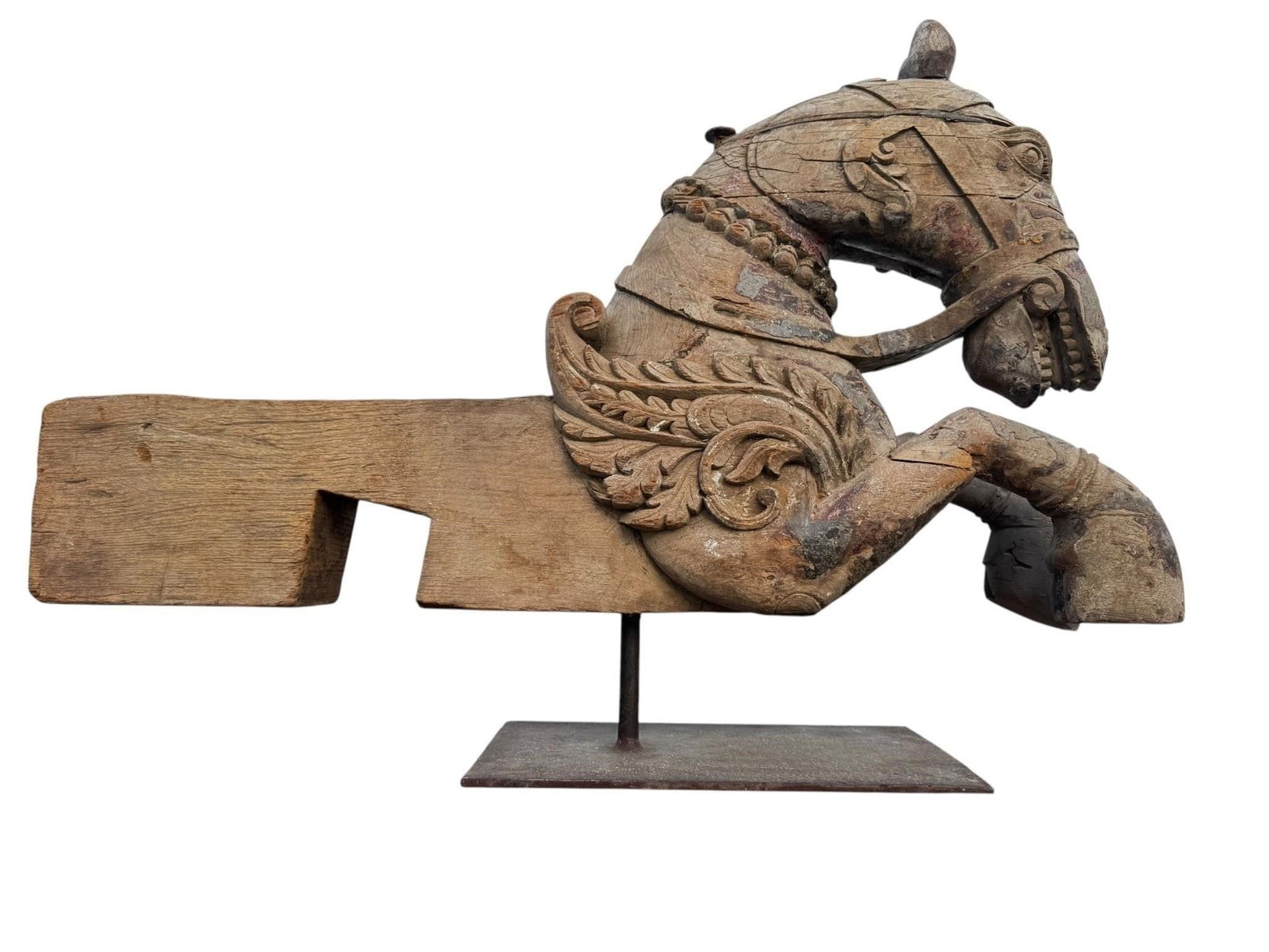 19th c Indian carved wood Horse or Pegasus: A finely carved Indian architectural element dating to the late 18th or early 19th century, depicting the forequarters of a winged horse or Pegasus. Executed in solid hardwood, the sculpture features 