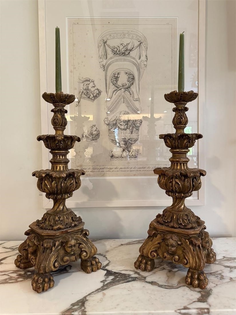 Pair Italian Baroque Giltwood Candlesticks (1 of 9)