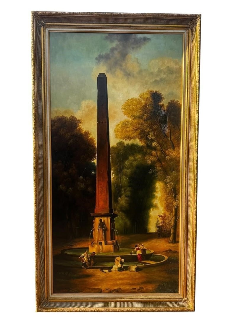 Monumental Contemporary Italian School Painting: Monumental contemporary Italian School oil on canvas depicting a romantic architectural landscape centered around a towering classical obelisk within a formal garden. Figures gather around the fountai