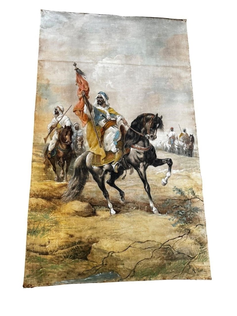 Large Spanish Early 20th c. Orientalist Painting: Large early 20th century Spanish Orientalist style painting depicting a mounted horseman carrying a standard accompanied by mounted attendants in an expansive desert landscape. Executed in the Romanti