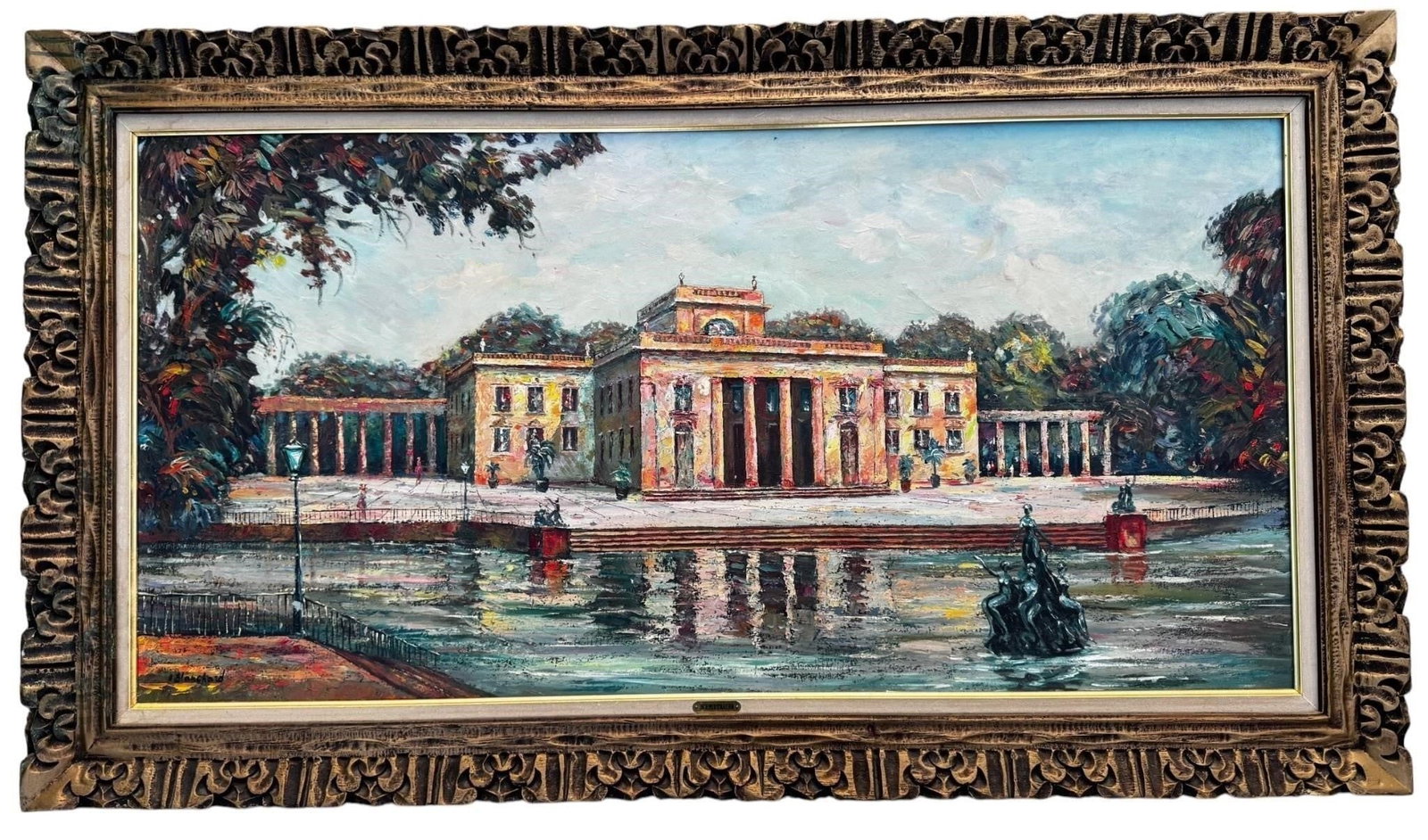 Signed A. Blanchard Impressionist Painting: Signed Impressionist Architectural Landscape, possibly Latin American, mid-20th century, signed A. Blanchard Boldly executed oil on canvas architectural landscape depicting a grand neo-classical water
