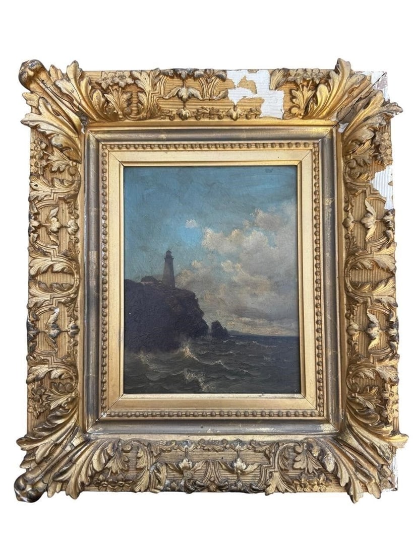 19th c. Coastal Lighthouse Scene American: Atmospheric Coastal Lighthouse SceneLate 19th / Early 20th CenturyOil on board,AmericanMoody late 19th to early 20th century coastal marine landscape depicting a solitary lighthouse perched dramatical