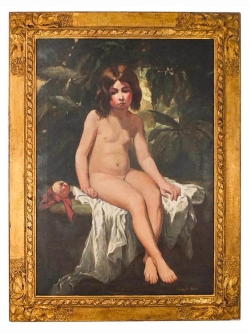 After Thomas Couture The Little Bather: Signed and dated J. Babini 1926 oil on canvas after Thomas Couture (1815-1879) "The Little Bather" A striking and highly decorativel oil on canvas figural portrait, depicting a seated classical nude f