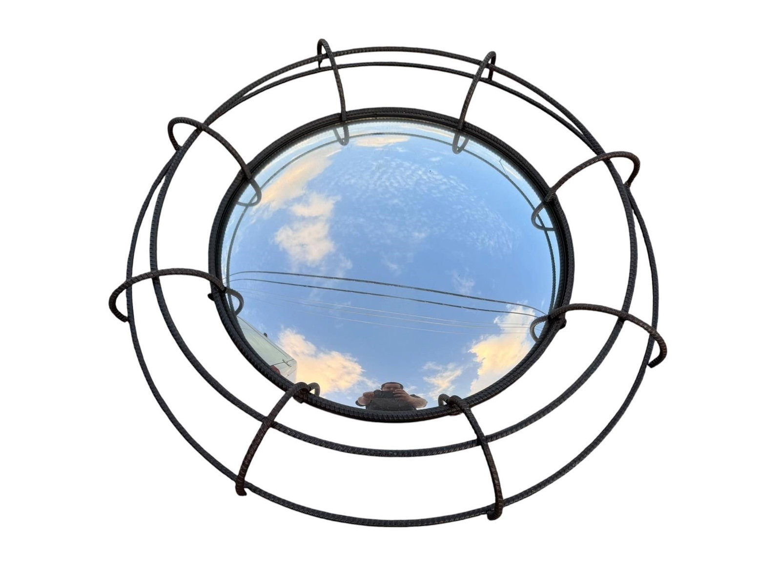 Industrial Design Iron rebar convex mirror: This lot is located in Dallas.May have age appropriate wear with use such as marks in the finish, scratches, scuffs etc. Please review photos carefully and ask questions prior to bidding.Contemporary 