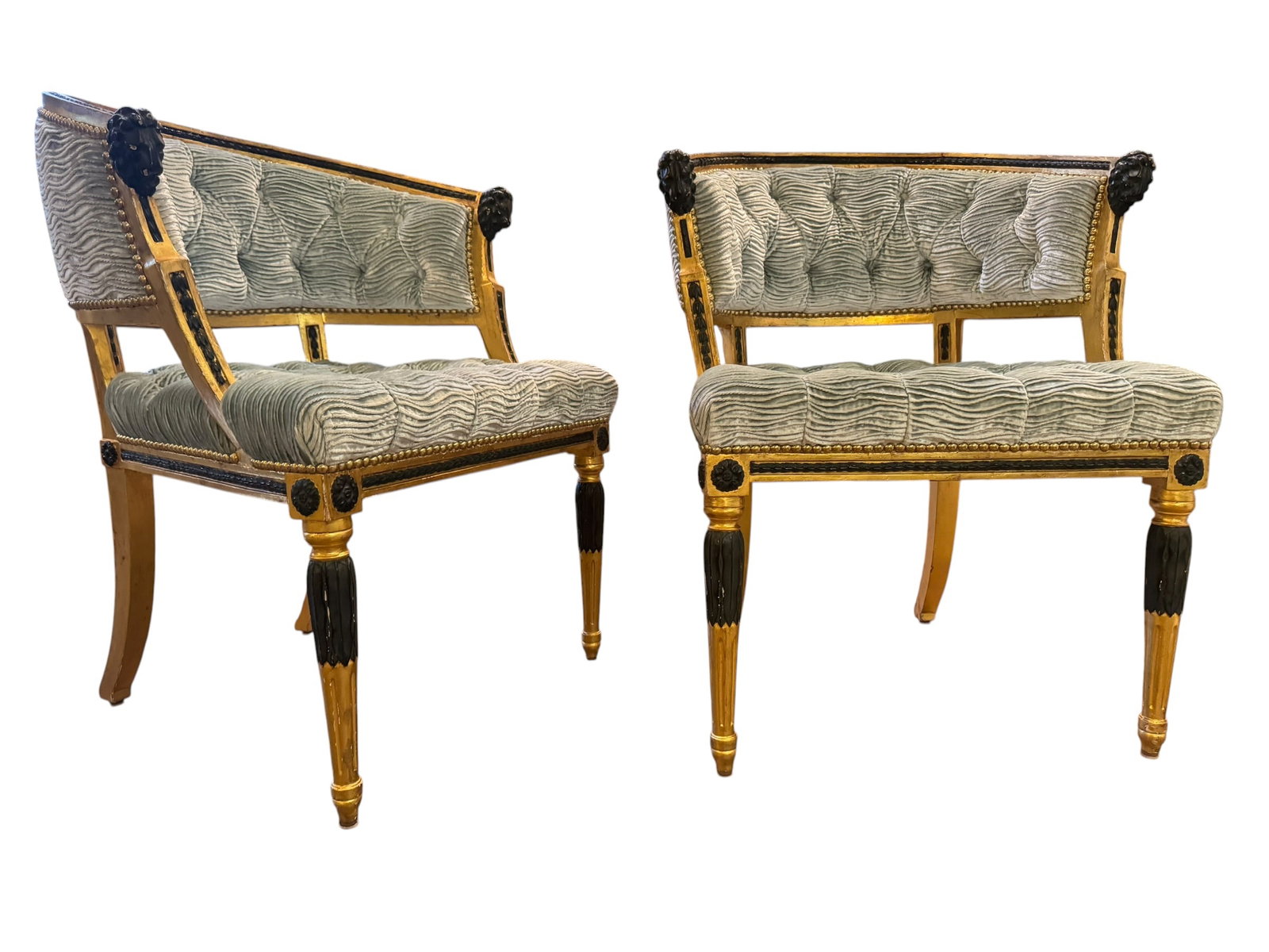 Pair Swedish Neoclassical Chairs Ephraim Stahl: Elegant pair of Swedish Neoclassical side chairs in the manner of Ephraim Stahl, retaining their original gilt finish with contrasung eponized delalls. realuring carved roselle medallions, lapered