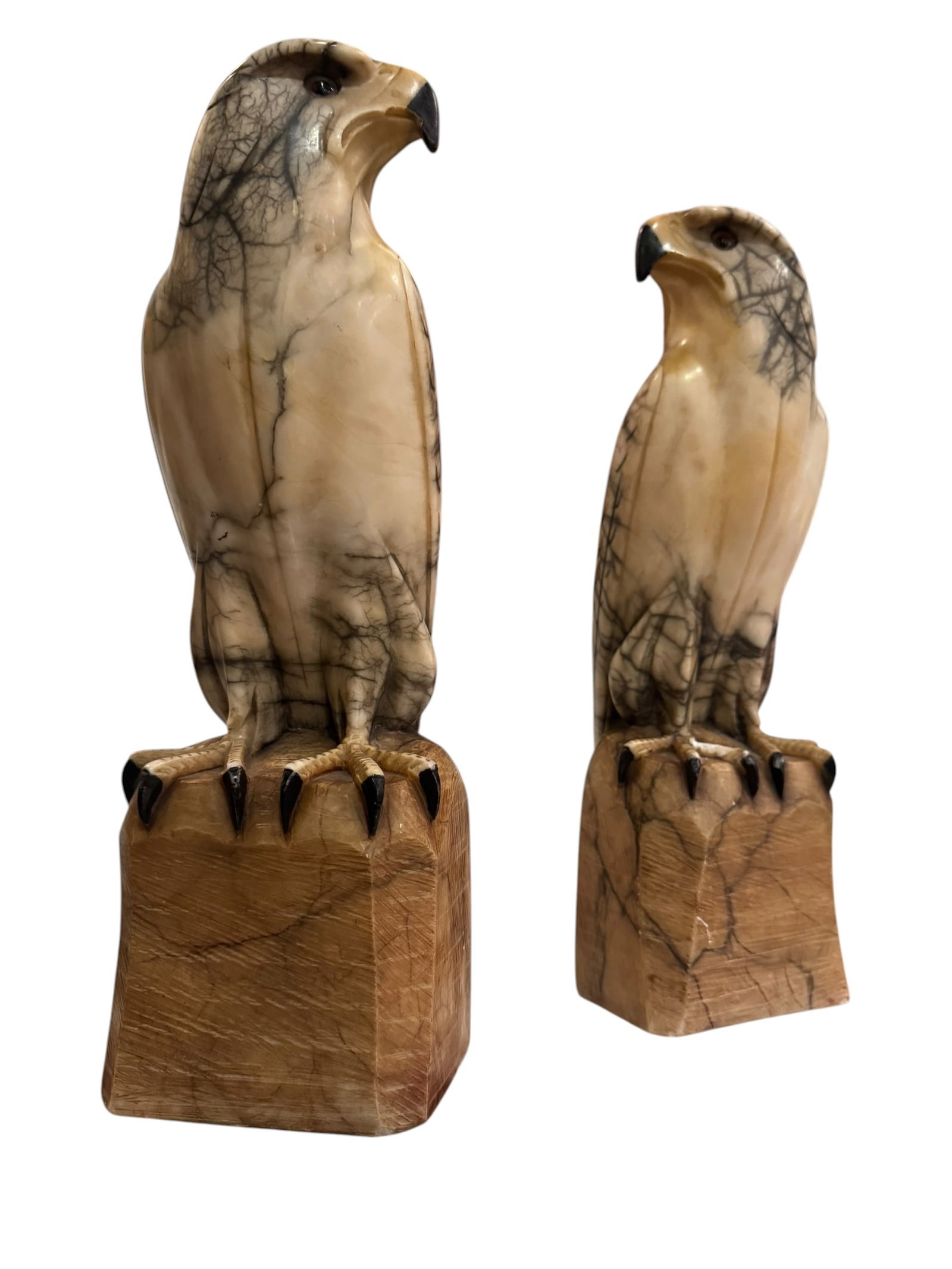Fine 1920s French Carved Marble Eagles: Exceptional pair of French Art Deco carved marble eagles, circa 1920, exhibiting spectacular natural veining throughout. Finely carved with inset glass eyes and mounted on integral marble bases. A