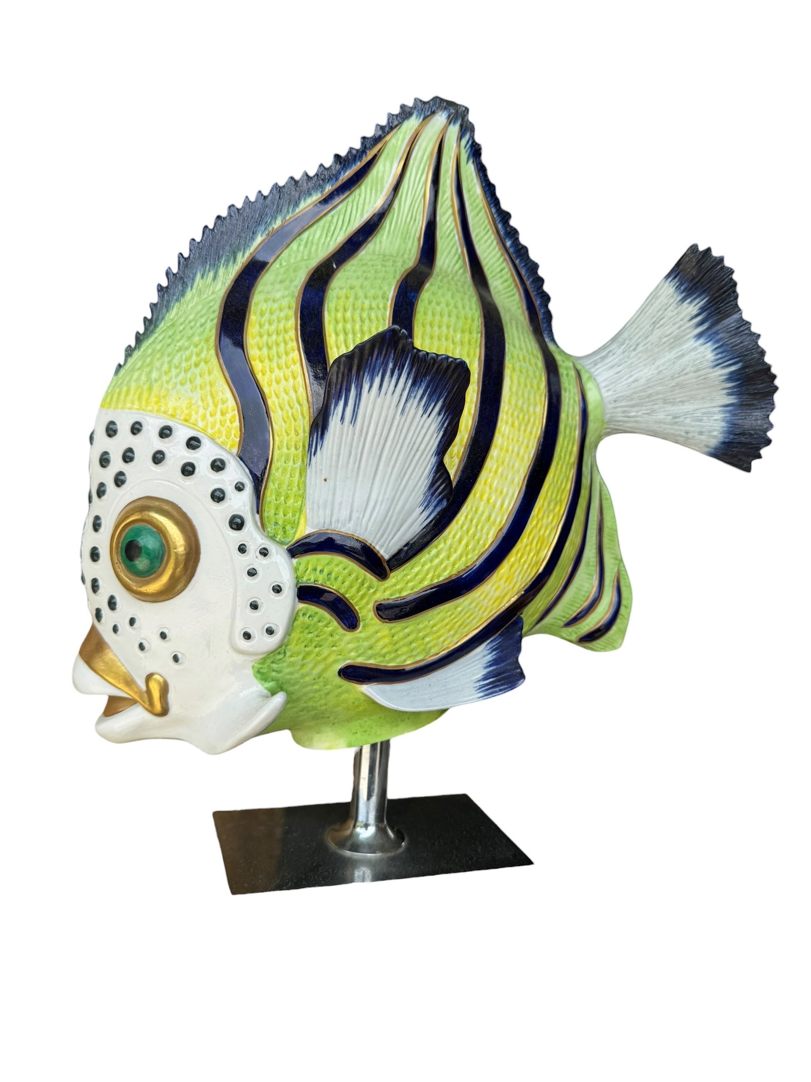 Porcelain fish after Giulia Mangani for Oggetti: Light wear the base can be cleaned, 2 small repaired chips, no other noted imperfections. 14”W x 5.75”D x 13.75”H