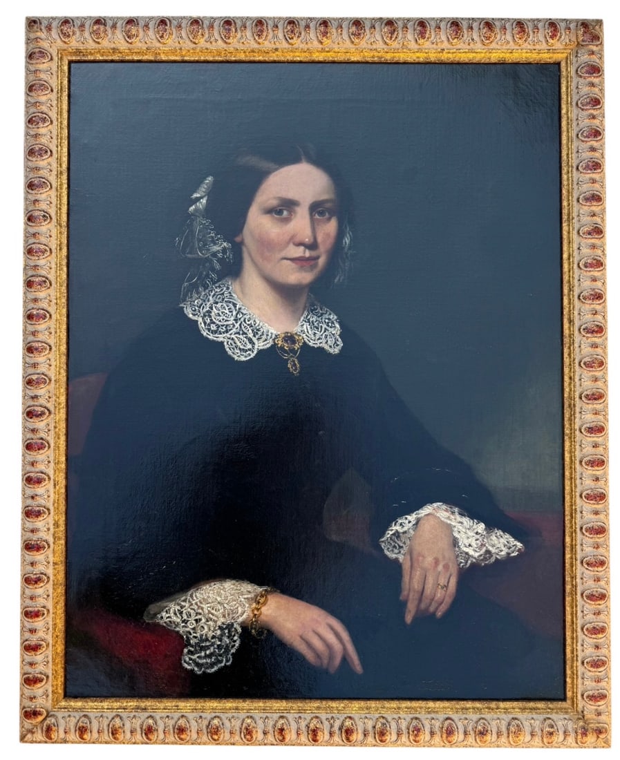 Late 18th / Early 19th Century American School Portrait of a Young Woman: Late 18th to early 19th century American School or possibly Dutch oil on canvas portrait of a young woman seated against a dark background. She is depicted in a black dress with finely rendered white 
