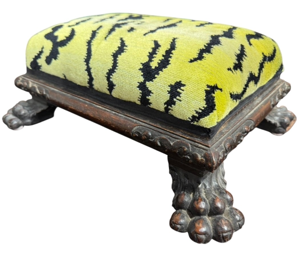 Antique Italian Baroque Style Paw Foot Tabouret Stool in green Tigre Scalamandré velvet: Antique Italian Baroque Style Paw Foot Tabouret StoolAntique Italian Baroque style miniature tabouret or footstool, finely carved in hardwood and raised on bold paw feet beneath a molded rectangular f