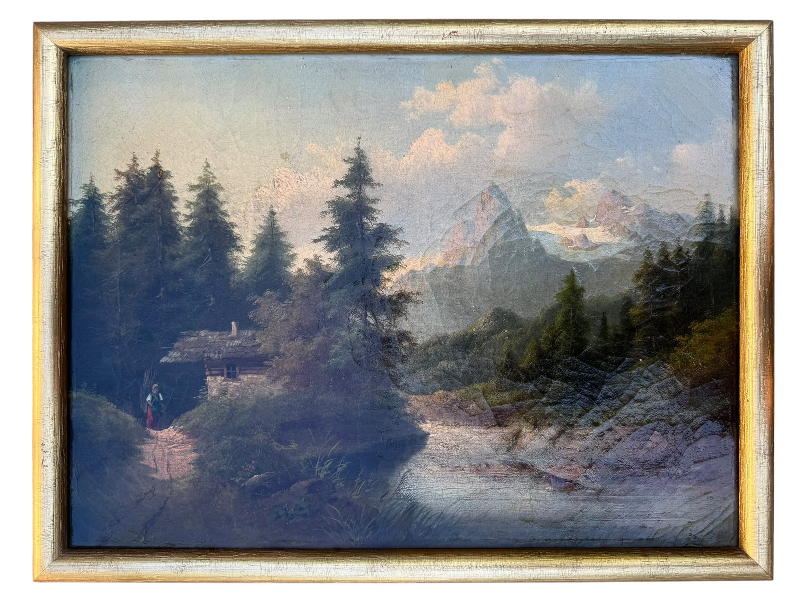 19th Century Italian School Landscape Painting: 19th century Italian School oil on canvas depicting a mountainous alpine landscape with a winding stream, dense evergreen forest, rustic structure, and a solitary figure beneath distant snow-capped pe