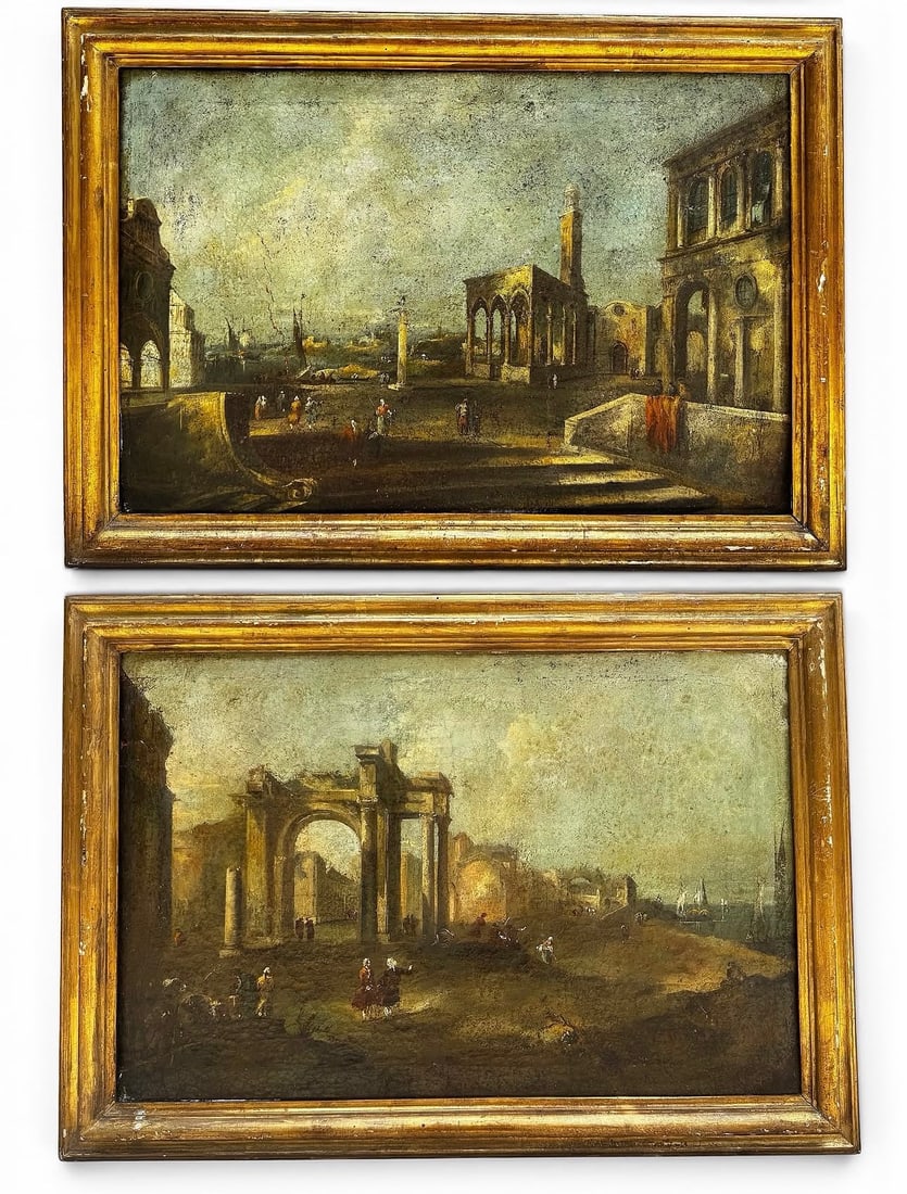Pair of 18th Century Italian School Architectural Capriccio Paintings, Venice (1 of 10)