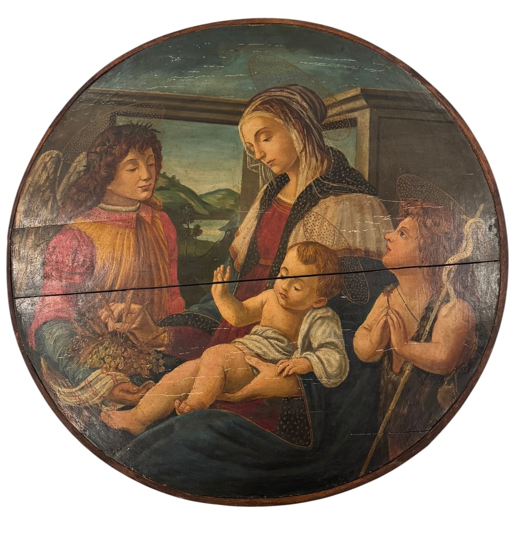 Early 19th century Italian painted wood devotional tondo depicting the Madonna and Child: Italian painted wood devotional tondo, 18th to early 19th century, depicting the Madonna and Child attended by two angels. The composition is arranged in the Renaissance devotional tradition, with the