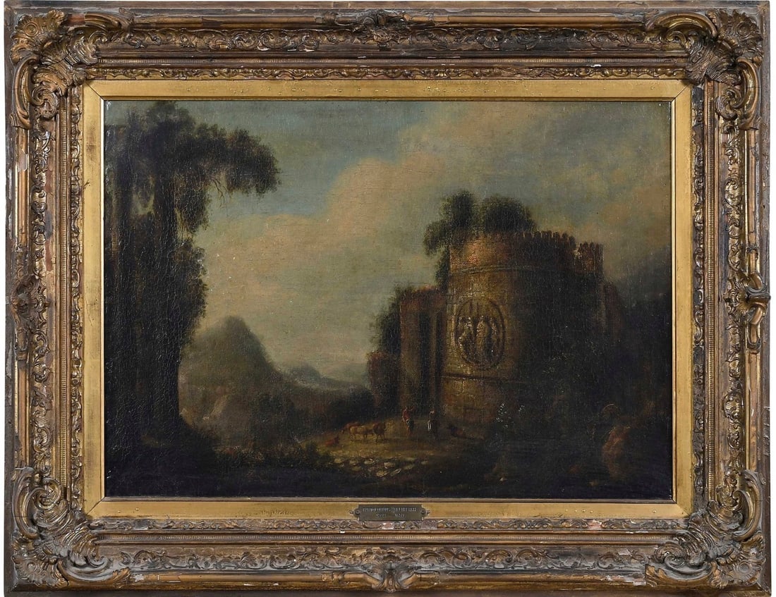 17th / 18th century Oil on Canvas Follower of Bartholomeus Breenbergh(1589-1657): (Flemish, 17th century)Italianate landscape with a traveler, cows, and shepherd, inscribed on canvas verso"Breenbergh” oil on canvas, Overall - 23-5/8 × 30-5/8 × 2-3/4 in.Work size - 16-3/4 ×