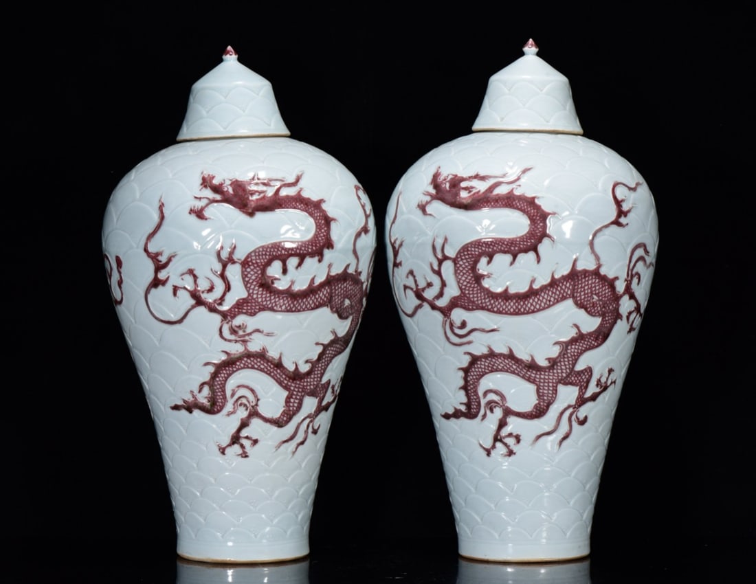 Chinese red and white ceramic vase pair Yuan dynasty (1 of 9)